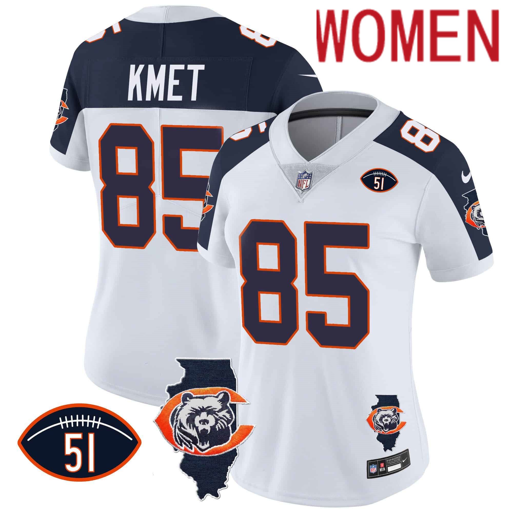 Women Chicago Bears #85 Kmet White 2024 Nike Throwback Illinois Patch Vapor NFL Jersey style 2